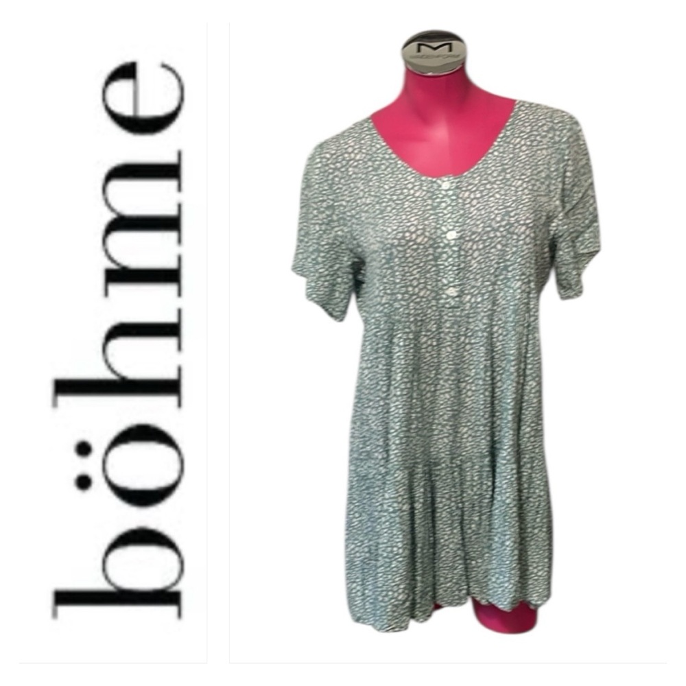 Bohme Tunic Mini Green White Tiered Dress Size Medium Beach Casual Babydoll